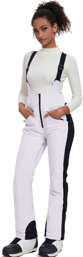 HOUZONIY Pantaloni da sci da donna con bretelle pantaloni outdoor impermeabili antivento slim fit salopette pantaloni da neve con pettorina snowboard isolati pantaloni da sci bib, bianco, L