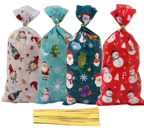 KARLOR 100 Pcs Geschenktüten Weihnachten Plastiktüten zum Befüllen Kekstüten Süßigkeiten Tüten mit Bindedraht Bodenbeutel Weihnachtsmann Schneemann Weihnachtsbaum für Süßigkeiten Plätzchen Keks