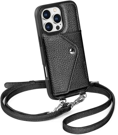 LUCKYCOIN Genuine Leather Crossbody Wallet Phone Case for iPhone 16 Pro, Shockproof Phone Purse with Adjustable Lanyard Strap & Card Holder, Crossbody purses for Women, Pebble Grain Black