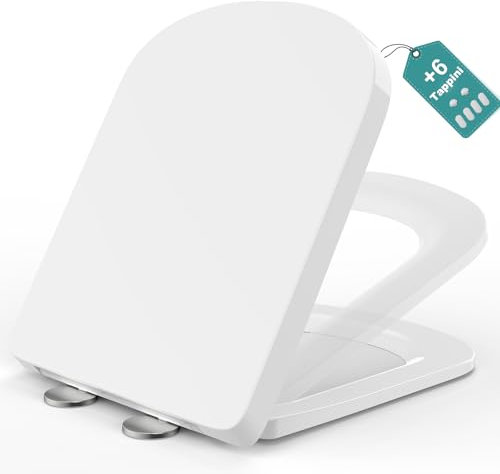 MEEJEE Tapa Wc Cuadrada con Cierre Suave, Asiento Inodoro Blanco, Tapa de WC Universal, Tapa de Vater de Duroplas, Tapa Inodoro con Soft Close, Tapa Wc para Familia