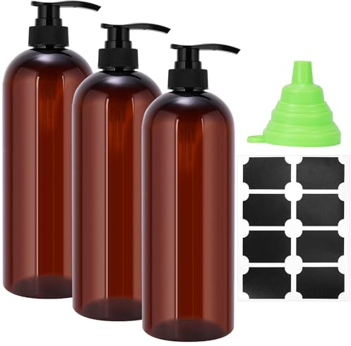 3 Pack Pump Bottle Dispenser, 1000ml/33.82oz Dispenser Bottle with Pump, Refillable PET Empty Shampoo and Conditioner Dispensers with Funnel and Label for Cleaning, Travel, Liquids