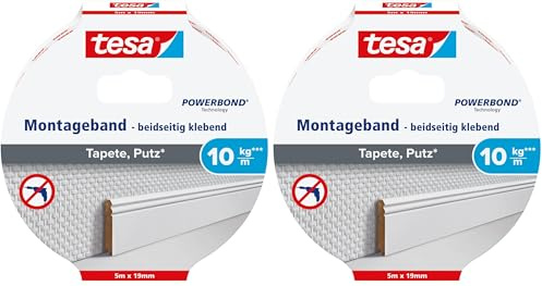 tesa Montageband Tapete&Putz, 10 kg Haltekraft pro Meter - starkes, doppelseitiges Montageklebeband zur Befestigung auf Gips und Tapeten - 5 m x 19 mm (Packung mit 2)