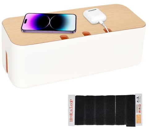 Scatola di Gestione per Nascondere I Cavi Sciolti, con Coperchio in Bambù, Porta Cavi Scrivania Organizer per Cavi, Grande Scatola per Organizzare per USB e Multipresa