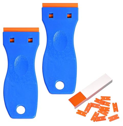 2 Plastic Scraper with 100 Blades, Non-Scratch Adhesive Sticky Stuff Remover, Multipurpose Residue Scrapers for Cleaning Labels and Decals from Glass Car Window Frames Tiles and Floors(Blue)