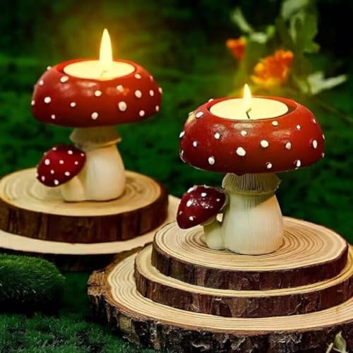 2Pcs Mushroom Tea Light Candle Holders, Cute Resin Tealight Stands for Home Decor, Indoor Outdoor Garden Ornaments for Living Room Table, Party & Table Decoration