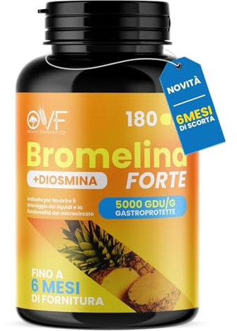OVF Bromelina Forte con Diosmina 180 Capsule, Drenante Forte 5000 GDU/g, Drenante Gambe, Ritenzione Idrica Gambe, Microcircolo e Circolazione Gambe - Made in Italy