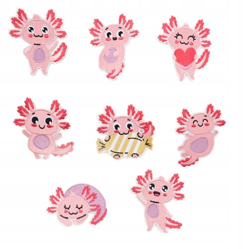 8er Set Axolotl Aufnäher – Aufbügler für Kleidung & Accessoires – Applikationen für Kinder & Erwachsene – Bügelbilder in Rosa mit niedlichen Motiven