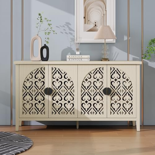 LFGUlZO Buffetschrank mit 4 Türen, Boho-Sideboard mit geschnitztem und durchbrochenem Design, Mehrzweckschrank für Wohnzimmer, Esszimmer, Küche und Flur, 147,6 × 40 × 80 cm, Natur, 1 Stück