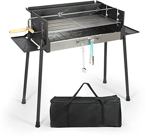 Parrilla grande de carbón para barbacoa, portátil y ajustable, ideal para cocinar, incluye mesas laterales plegables y mesa de material, con ahumador compensado