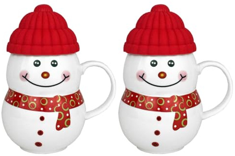 Christmas Cup Snowman Ceramic Coffee Mug with Lid Hot Cold Drink Festive Ornament Tableware Teacup (2X Red)