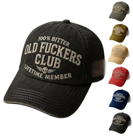 Basebollkeps i vintagestil, basebollkeps med texten ”100 % Bitter Old Fuckers Club Lifetime Member”, handgjorda broderier, justerbar storlek, sliten svart keps, rolig hatt, Svart, 1