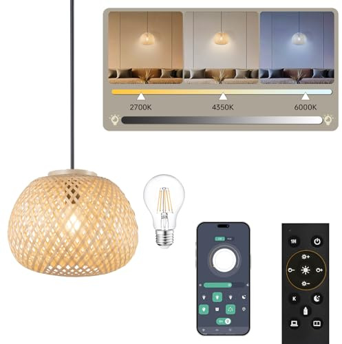 FIRVRE Lampada a Sospensione in Bambù Natural, Lampara Mimbre Techo Rustica, Lamparas Rustica Techo con Lampadina e Telecomando, Temperatura di Colore e Luminosità Regolabili
