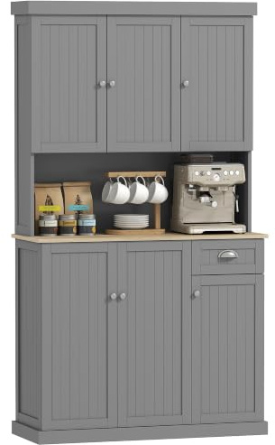 HOMCOM Mobile Holzküche mit Schränken und Schublade, Sideboard im Landhausstil mit verstellbaren Regalen, 101 x 39 x 180 cm, grau