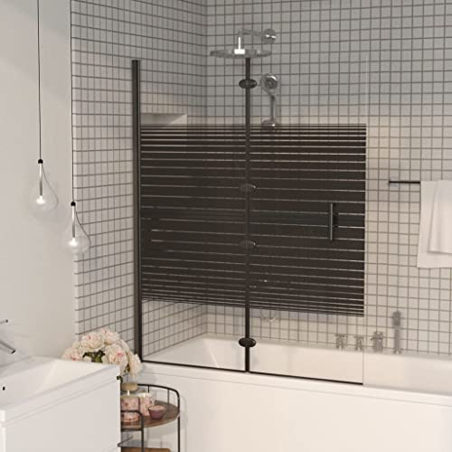 Folding Shower Enclosure 39.4x55.1 Inch, Frameless Bath Screen with Black Decor Strip, ESG Safety Glass and Aluminum Frame for Bathroom