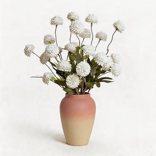 ANMAYNICE Artificial Chrysanthemum Flower Arrangement in Ceramic Vase, 15'' Tall Faux Mum Pompon Bouquet with 25 Flower Heads, Farmhouse Table Centerpiece Fake Flowers for Home Office Décor, White