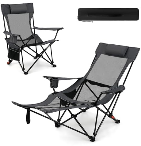 GIANTEX Set om 2 campingstolar, lounge med avtagbart fotstöd, justerbart ryggstöd i 4 lägen, mugghållare, sidoficka och väska, 4 färger (2 grå)