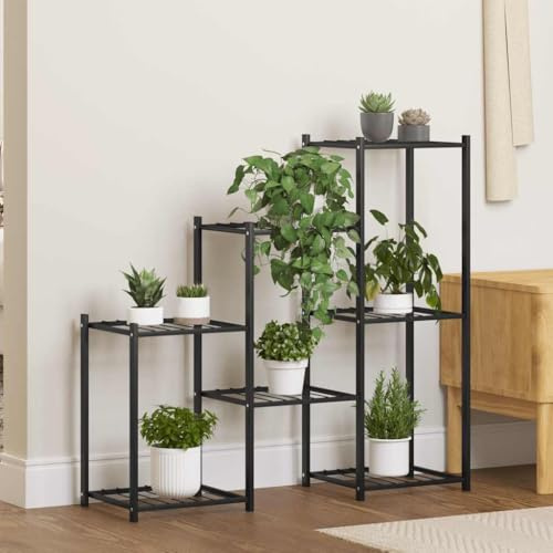 QUAHEAS Supporto per fiori in ferro verniciato a polvere, 83 x 25 x 80 cm, nero, stabile scaffale per piante per balcone, terrazza e interni, versatile scala per fiori come conservazione e decorazione