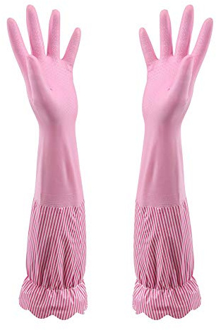 RARITYUS Household Kitchen Cleaning Gloves Waterproof Cotton Lined Dishwashing Non-Slip Long Cuff Gloves