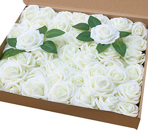 Amajoy Lot de 50 roses artificielles de couleur ivoire à l'aspect et au toucher naturel, pour des bouquets personnalisés de mariage, une fête prénatale ou la décoration d'une maison