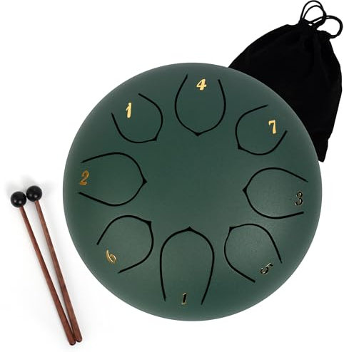 LOMUTY Stahlzungentrommel, 6 Zoll 15 cm Steel Tongue Drum, C-Dur 8 Noten, Handtrommel HandPan Drum mit Drumsticks/Tragetasche(Grün)