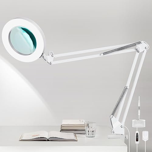 Lampada da Scrivania Ingrandente LED 5X, Lampada con Lente d'Ingrandimento Estetista, Braccio Orientabile, Lampada da Tavolo con Pinza 3 Modalità Colore per Banco di Lettura o Salone di Bellezza