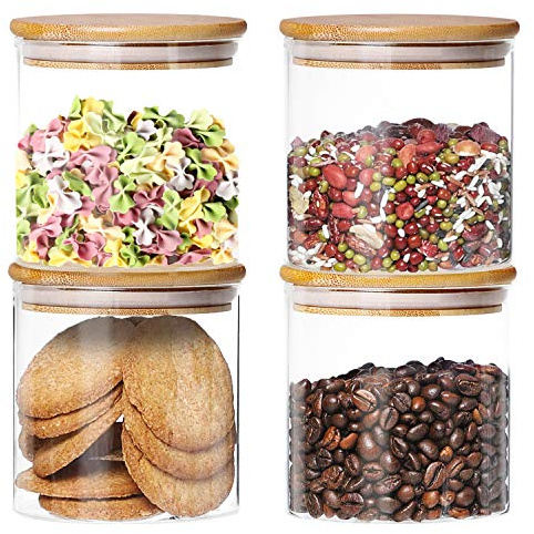 Dabacc 4 Pack Glass Jars with Airtight Bamboo Lids, Glass Kitchen Canisters Clear Container for Food Storage of Dry Goods, Cookie, Candy, Spices, Coffee Beans and More, 18.6 OZ