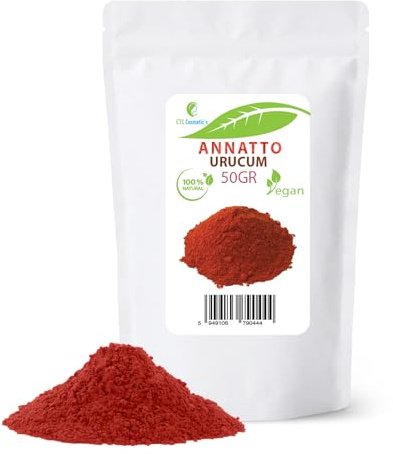 Annattopulver - 50 gr (urucumpulver) - användning i solskyddsmedel: olja, krämer, balsam, brun-utan-sol och aftersun-produkter, smink, färgad kosmetika