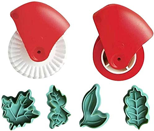 Pizza Cutter Wheel & Leaves Cookie Cutter Set(Set of 6) Pastry Wheel Decorator and Cutter Beautiful Pie Crust Pastry/Cookie/Fondant Stamper Baking Pizza Pastry Lattice Decoration Tools