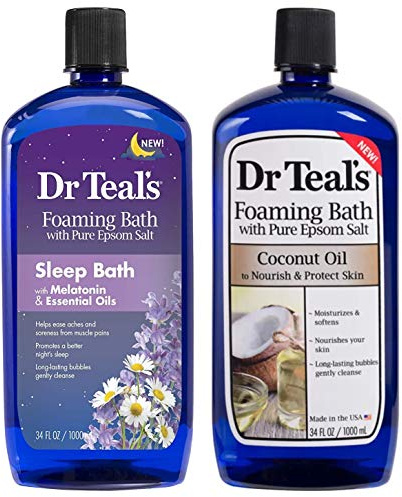 Dr Teal's Foaming Bath Variety Gift Set (2 Pack, 34oz Ea) - Melatonin Sleep Bath, Nourish & Protect with Coconut Oil - Essential Oils Blended with Pure Epsom Salt Ease Pain & Promote Better Sleep