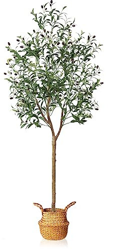 MOSADE Olivo artificial de 6 pies de planta de seda de olivo artificial y cesta de hierba marina hecha a mano, árbol de seda topiario sintético perfecto para entrada interior, decoración moderna,