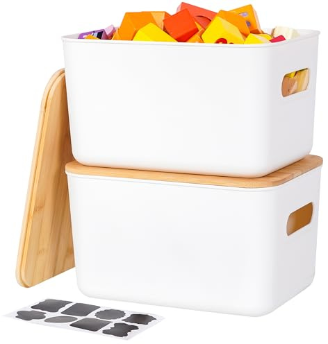Kerhouze 2 PCS Kunststoff Aufbewahrungsbox mit Deckel Bambus für Badezimmer | Stabil 26*17.8*15.5cm, 6.5L Weiß Aufbewahrungskorb für Organisation Stapelbar Kleine Plastik Boxen mit Griff für Küche