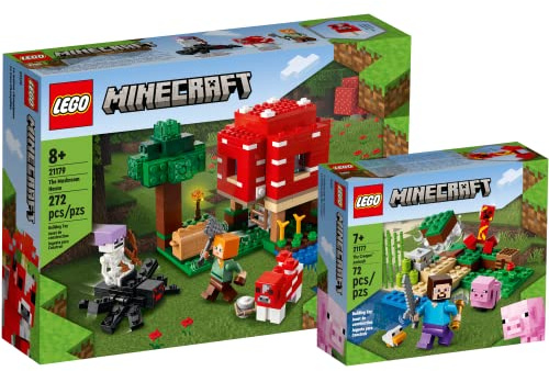 Lego Minecraft Set - Das Pilzhaus 21179 + Der Hinterhalt des Creeper 21177, Bauset für Kinder ab 8 Jahren