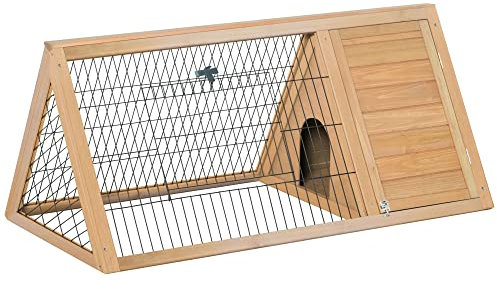 PawHut Kleintierstall 3-eckig Kleintiergehege, Kleintierkäfig mit Tür Meerschweinchenstall, Kleintierhaus Auslauf aus Tannenholz, Gelb 116 x 62,2 x 52,5 cm