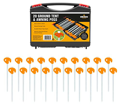 Milestone Camping 20939 20 Heavy Duty Tent Pegs / 20cm Length/Includes Plastic Storage Case/Perfect For Tents, Gazebos, Awnings & More/Works In Hard Ground