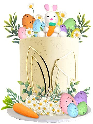 Easter Cake Topper Egg Cake Decorations Rabbit Carrot Figurine Bunny Ears Cake Topper for Easter Festival Birthday Fairy Garden Themed Birthday (Style 1)