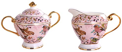 YBK Tech Milchkännchen und Zuckerdose, Knochenporzellan, zum Verkosten, Trinken, Vögel und Bäume, Rosa