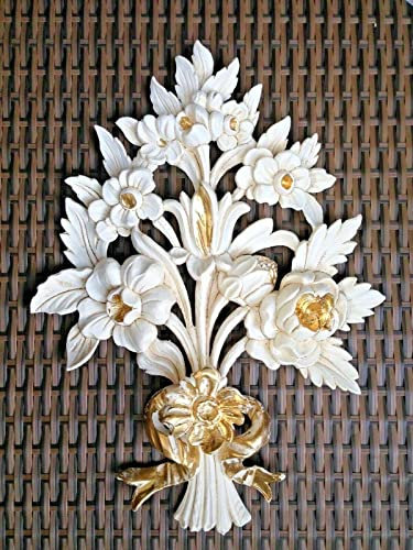 Pintici Wanddeko Wandrelief Wandbehang Deko Weiß Gold Blumen 38x28 cm Barock Ornament Applike C1530 (Weiß-Gold)