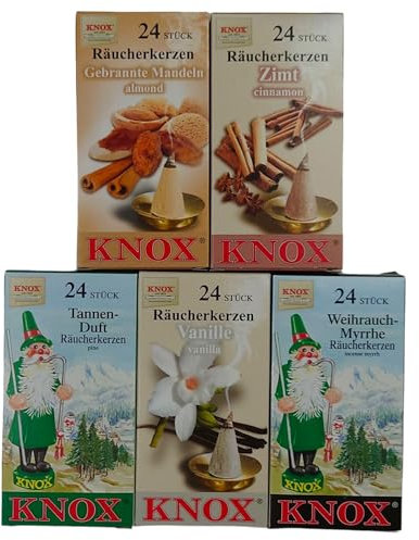 Knox XL Sparpack 5 Räucherkerzen -Gebrannte Mandeln+Zimt+Tannenduft+Vanille+Weihrauch-Myrrhe/Größe M/Inhalt pro Schachtel 24 Räucherkegel Duftkegel