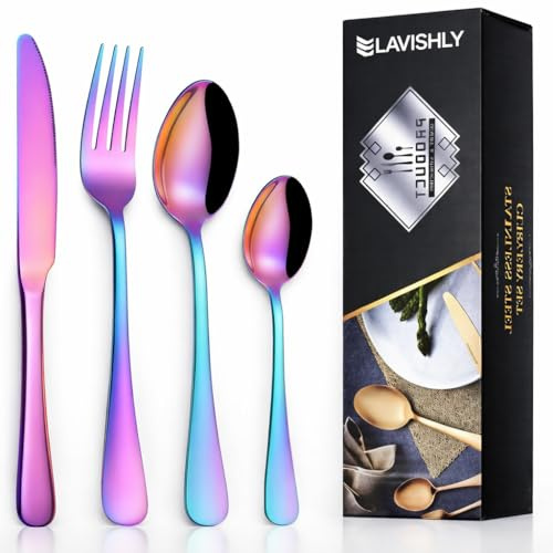 Juego de cubiertos de acero inoxidable de 16 piezas arco iris, LAVISHLY cubiertos pulidos al espejo para 4 personas, vajilla duradera y apta para lavavajillas