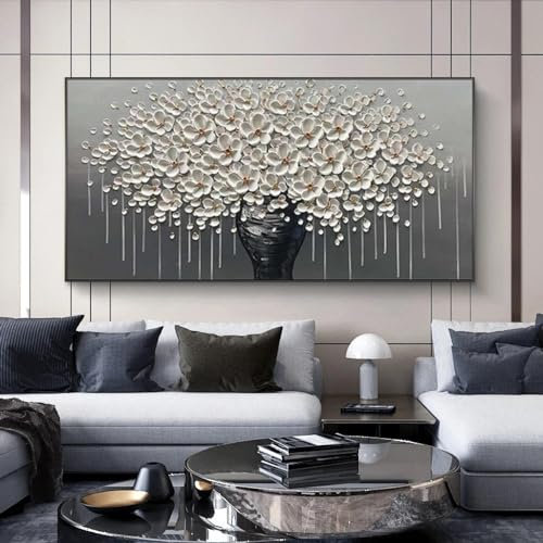 JACBON Modernes Leinwandgemälde mit großem Geldbaum und Blumen auf Leinwand, abstraktes Heimkunstbild für Wohnzimmer, Heimdekoration, 30 x 60 cm (12 x 24 Zoll), rahmenlos