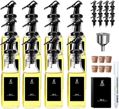 SAEIV Oljeflaska glas 12 set, vinäger och oljedispenser 160 ml, olivolja flaska av borosilikatglas material, oljeflaska med hällare, oljeflaskor för fyllning med kork, 20 gör-det-själv-etiketter,