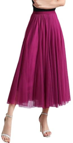 Pulcykp Falda de tul para mujer, para otoño e invierno, larga, acampanada, elástica, cintura alta, falda de malla, fucsia, 34