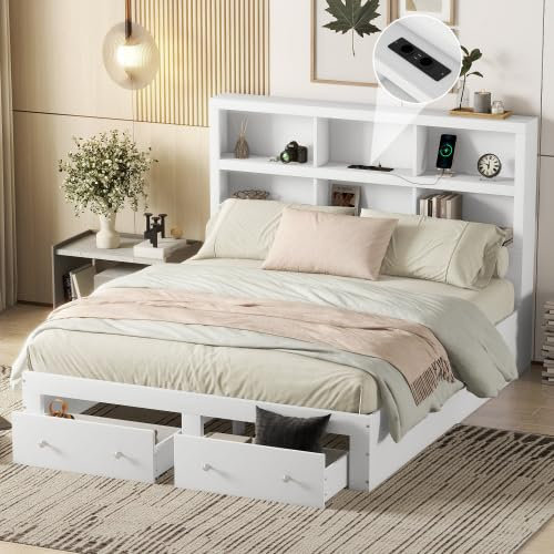 SogesHome Bettrahmen Bett 160x200 cm Doppelbett aus Massivholz Kingsize Plattformbett mit Zwei Schubladen am Fußende des Bettes, Kopfteil mit Stauraum