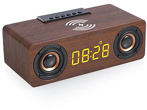 WYRMB Réveil Haut-Parleur Bluetooth sans Fil en Bois, entrée et Sortie Audio AUX, Chargeur sans Fil Compatible avec réveil numérique LED en Bois, Radio FM, pour Chambre à Coucher, Bureau, Maison (B)