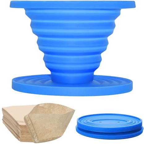Collapsible Pour Over Coffee Dripper Set - Silicone Reusable Cone Filter Holders with 100Pcs Paper Filters - For Home, Camping, Travel, Office (1, Blue)