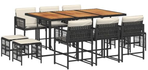vidaXL Garten Essgruppe 11-TLG., Gartenmöbel Set Tisch mit 6 Stühle 4 Hocker, Gartengarnitur mit Kissen, Sitzgruppe Essgarnitur Terrasse, Schwarz Poly Rattan