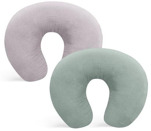 Winmany Stillkissenbezüge aus Musselin, weiche Baumwolle, für Neugeborene, Stillkissen, Baby-Fütterkissen, Schonbezug, Duschgeschenk für Jungen und Mädchen, 2 Stück (Grün + Grau)