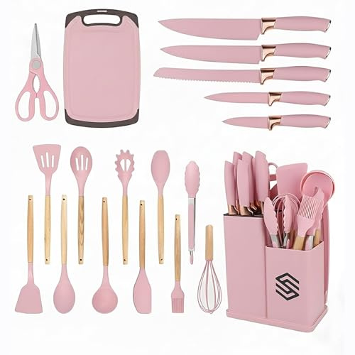 19 PCS Pink Silicone Cooking Utensils Set with Wooden Handle & Knife Set Block, Heat-Resistant Spatula, Spoon, Ladle, Whisk with Holder – BPA Free, Silicone Kitchen Utensil Set for Cooking & Baking