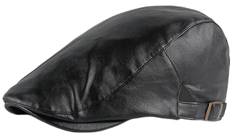 UERBNI SchiebermüTze Herren Pu Lederhut Beret Herrenzeitenjunge Hut Britischer Frauenhut Frühling Herbst Winter Entenzunge Lederhut-schwarz-einstellbar (55-60 cm)