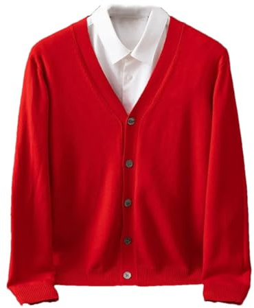 Cardigan da uomo in cashmere, lavorato a maglia, con scollo a V, per autunno e inverno, calda lana lavorata a maglia, Rosso, XL